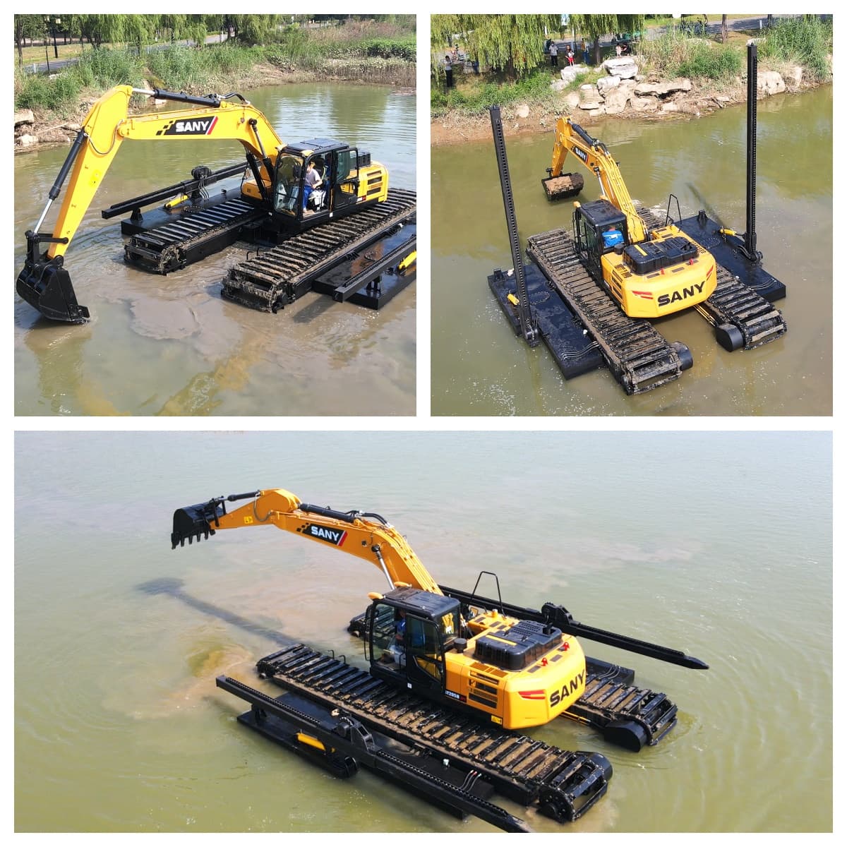 Pontoons Equipped Amphibious Excavator Working in Lake River Pontoons Equipped Amphibious Excavator Working in Lake River